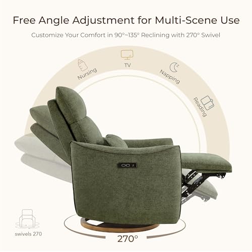 CHITA Swivel Rocker Recliner Chair, Power Nursery Glider Recliner, Nursery Rocking Chair with Adjustable Power Headrest, FSC Certified, Solid Wood Base, Moss Green CHITA