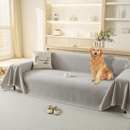 100% Waterproof Couch Cover Sofa Covers for Sectional Couches Reclining Armseat/Chair/Futon Sofa SlipCover for Dog Pet-Friendly Furniture Protector for Living Room with Tassel(91" x 134", Light Gray) TieyaChkis