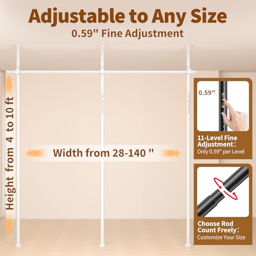 Room Divider for Room Separation,4-10ft(H) 28-140inch(W) Adjustable Temporary Privacy Wall Divider, Tension Curtain Rods No Drilling, Heavy Duty Partition Space Separator Freestanding,White Daurore paw