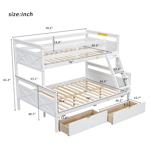Merax Twin Over Full Bunk Bed, Kids Bedroom White Wooden Bunk Bed Frame, Convertible to 2 Separated Beds with 2 Big Drawers, Ladder & Guardrail for Teens, Wood Slat Support, Easy Assembly, White Merax