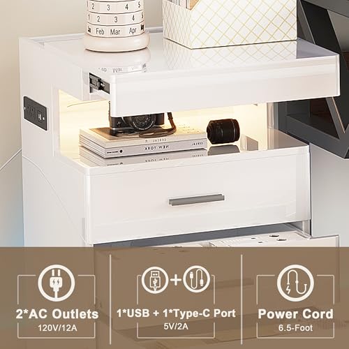 Treocho Led Nightstand with Hidden Space, Modern Night Stand with Charging Station, 3 Drawer Smart Nightstand with Glossy Finish, Tall Bedside Table with RGB Lights for Bedroom, White Treocho