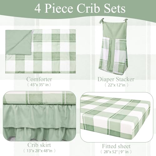 HNHUAMING 4-Piece Crib Bedding Set for Girls Boys, Baby Crib Bedding Set for Newborn & Infant, Neutral Nursery Bed Set Includes Comforter, Fitted Sheet, Crib Skirt, and Diaper Stacker, Green Checkered HNHUAMING