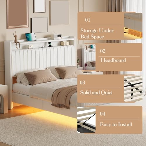 IDEALHOUSE Queen Floating Bed Frame with LED Lights and Storage Headboard, Bed Frame with Modern Minimalist Style for Bedroom/Vacation Home,Silent & No Box Spring Required,Easy to Assemble,White IDEALHOUSE