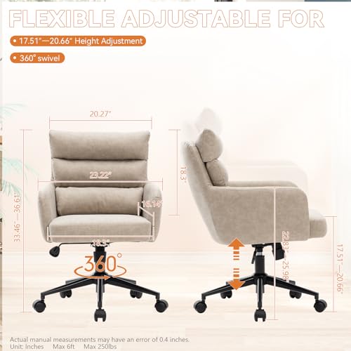 BALIAA Leather Home Office Desk Chair, Small Comfy Faux Leather Office Chair with Wheels, Modern Adjustable Swivel Desk Chair with Back Support & Black Swivel Base for Home, Bedroom, Study, Beige BALIAA