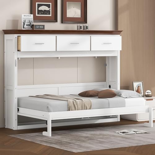 LUMISOL Twin Size Murphy Bed, Wood Wall Bed Frame with 3 Storage Drawers, Folding Cabinet Bed Frame for Home Office, Guest Room, Small Space, White LUMISOL