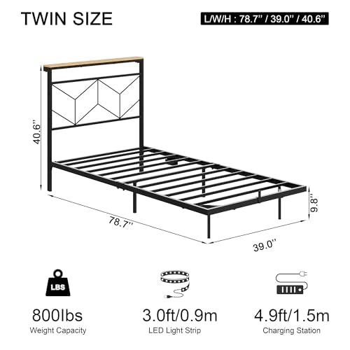 HAUSOURCE Twin Size Floating Bed Frame with Storage Headboard Metal Platform Bed Frame with LED Lights and Charging Station Easy Assembly No Box Spring Needed HAUSOURCE