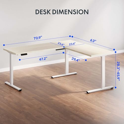FLEXISPOT L Shaped Standing Desk, 71 x 63 Inch Electric Height Adjustable Corner Desk, Sit Stand Computer Workstation, Preset Controller, Home Office, White Frame with Maple Top FLEXISPOT