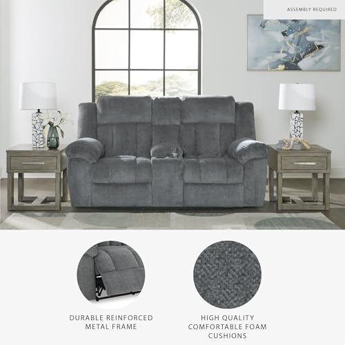 Signature Design by Ashley Tip-Off Modern Wall Hugger Power Reclining Loveseat with Adjustable Headrest, USB Ports, Storage and Cup Holders, Gray Signature Design by Ashley
