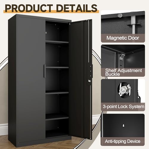 GREATMEET Metal Garage Storage Cabinets, 72" H Locking Garage Cabinets with 2 Doors and 4 Shelves, Utility Cabinet for Office, Garage, Home, Gym, School, Black GREATMEET