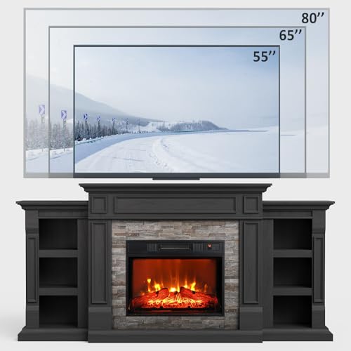 Naice 72" Electric Fireplace with Mantel and Cabinets, Fireplace TV Stand for Living Room Bedroom, Stacked Stone Surround and Remote Control 3D Realistic Flame, Black Naice