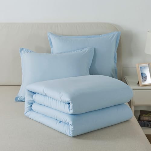 Caressma Light Blue Comforter Set Twin Size, Solid Lightweight Down Alternative Soft Boho Bedding Comforter Set, Breathable Fluffy Microfiber Skin-Friendly Comforter (68"x90") for All Seasons Caressma