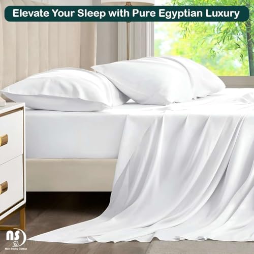 4 Piece Premium Sheet Set Cotton Full, 100% Egyptian Cotton, 12 Inch Deep Pocket of Cotton Sheets, White Solid NON Sticky cotton