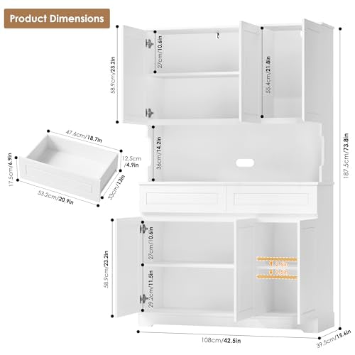 FACBOTALL 74" Pantry Cabinet, Tall Kitchen Pantry Cabinet with 6 Doors and 2 Drawers, Kitchen Hutch with Wide Countertop, Modern Kitchens Cupboard with Adjustable Shelves and Charge Holes, White FACBOTALL