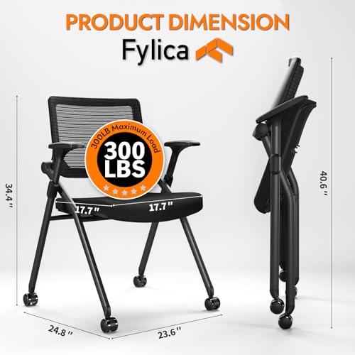 FYLICA Foldable Office Chair Set of 2 with PU Wheels Ergonomic Mesh Bouncing Back, Stackable Conference Room Chair, Office Guest & Reception & Meeting Chair (Black) FYLICA