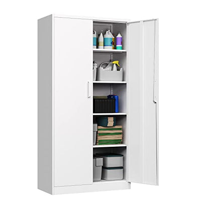PEUKC Metal Garage Storage Cabinet, 71-inch Tall Storage Cabinet with Adjustable Shelves & Locking Doors, Tool Cabinets for Garage,Office,Home,School,Gym Storage (White)