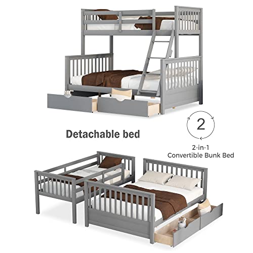 Merax Wood Bunk Bed with Drawers,Convertible Wood Bunk Bed with Ladders and Two Storage Drawers,Solid Wood Detachable Bed Frame with Ladders,Twin Over Full Size,Grey Merax