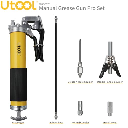 UTOOL Grease Gun, 8000 PSI Heavy Duty Pistol Grip Grease Gun Kit, 14 oz Capacity, 20 Inch Rubber Flex Hose, 1 Patented Double Handle Coupler, 1 Basic Coupler, 1 Needle Nozzle, 1 Hose Swivel, Yellow UTOOL