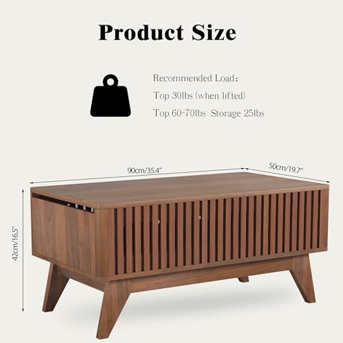 Lift Top Coffee Tables with Hidden Compartment, Mid Century Modern Coffee Table for Living Room, Fluted Design Farmhouse Center Table with Storage (Walnut) Oubayajia