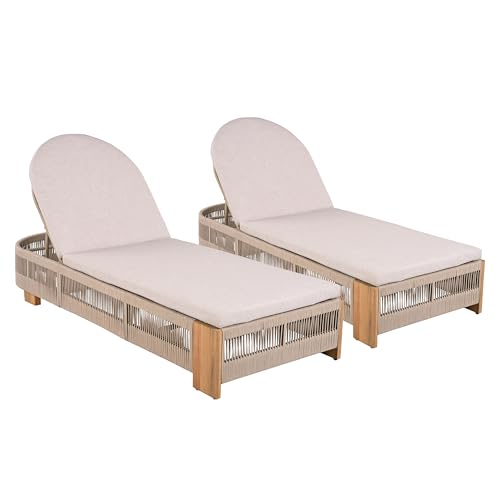 Merax 2-Piece Outdoor Chaise Lounge Chair with Adjustable Backrest & Waterproof Cushion - Acacia Wood Pool Sun Lounger for Patio, Beach, Yard, Garden, Beige