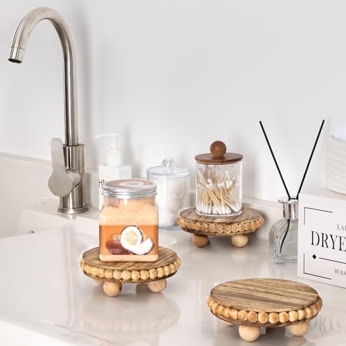 HouseJoy 2Pcs Wood Risers for Display Decorative,Round Beaded Riser Distressed for Decor ,Wooden Farmhouse Coasters Mini Cake Stand Plant Stand,Rustic Pedestal Stand Decor Display Risers for Tiered HouseJoy