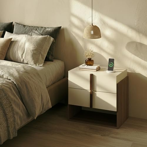 Mid-Century Modern Nightstands Set of 2 with Charging Station, MCM Walnut Bedside Tables with Drawer & Storage Shelf, Wood End Tables for Bedroom & Living Room FurniXpress