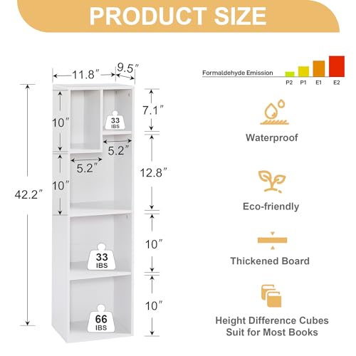 VECELO 4-Tier Bookcase, Modern Storage Cabinet with Height Difference Shelves for Standard Textbooks, 5 Cubes, Vertical or Horizontal, Easy Assembly, Pearl White VECELO