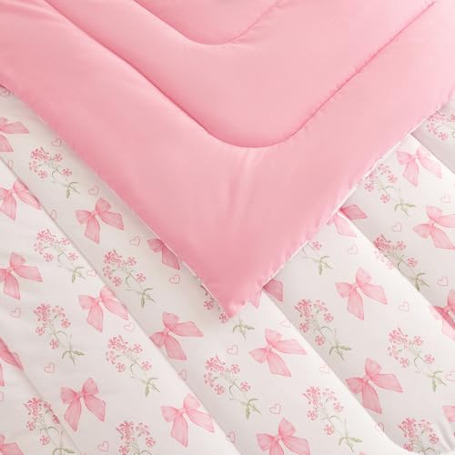 CCoutueChen Pink Bow Comforter Set Full 3Pcs Pink Floral Bedding Set for Girls Kids Romantic Princess Style Bowknot Bedding Ultra Soft Reversible Garden Flower Comforter Sets with 2 Pillowcases CCoutueChen