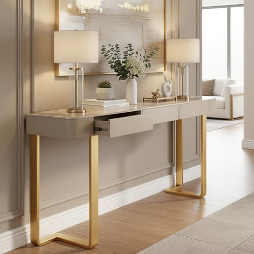 MISXEOE Modern Console Table with Storage Drawers Stone Slab Top, Rectangle Narrow Sofa Table Behind Couch Entryway Cabinet for Living Room, Hallway, Foyer(Gold,39.3"x13.7"x33.4") MISXEOE