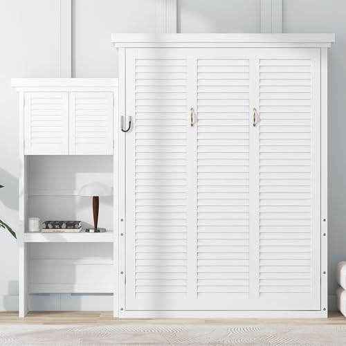 MERITLINE Queen Size Farmhouse Murphy Bed with Storage Cabinet and Shelves, Wooden Hidden Foldable Wall Bed Frame, Murphy Wall Bed Cabinet Queen for Adults, Space-Saving, White MERITLINE
