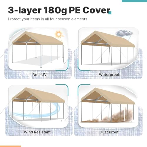 FORALEBEN Carport Replacement Canopy Cover for Car Tent Top Garage Shelter Cover Tarp with Ball Bungees (Only Top Cover, Frame Not Include) (Ginger, 12' x 20') FORALEBEN