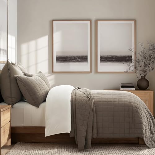 EVERGRACEHOME 100% Cotton Box Stitch Quilt Bedding Set King Size 3 Pieces, Garment-Washed Lightweight Soft Cozy Coverlet, Oversized Quilted Bedspread Sets with 2 Shams for All Season, Mocha Brown EVERGRACEHOME