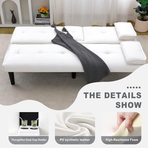 AnoYishev Futon Sofa Bed PU Leather Modern Convertible Futon Couch with Removable Armrests, Cup Holders, Loveseat Sleeper Sofa Bed for Living Room, Apartment, Small Spaces (White) AnoYishev