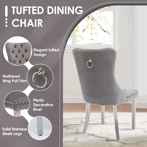 HAIZAO 5 Piece Silver Luxury Glass Dining Set, Modern Minimalist Kitchen Table Set for 4, 36'' Clear Square Glass Top Dinner Room Set, Grey High-end Tufted Chairs, for Small Place Living Room HAIZAO