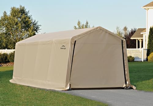 ShelterLogic 10' x 20' x 8' Peak Style Roof Instant Garage Carport Car Canopy with Steel Frame and Waterproof UV-Treated Cover, Sandstone ShelterLogic