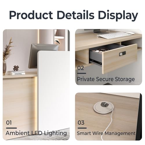 SNKBOAT Small Reception Desk, 47" Front Desks Reception Counter, Front Desk Counter with LED Lights, Lockable Drawer, Two-Tone Design, Privacy Panel, for Office, Salon, Store SNKBOAT