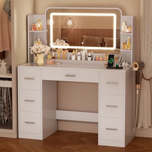 YESHOMY 43.3''Vanity Desk with LED Mirror & Power Outlet, 7 Drawer Makeup Vanity with Side Shelves, Lighted Dressing Table for Bedroom(White YESHOMY