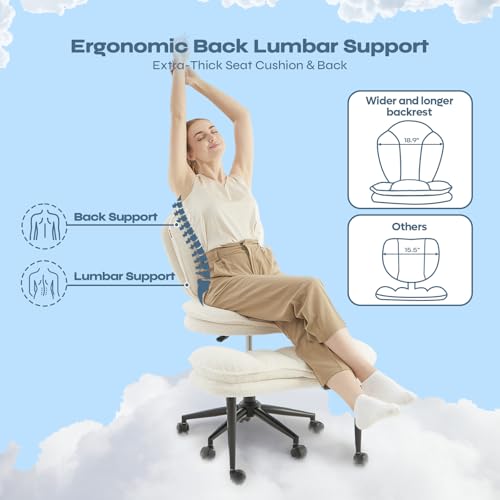 Pinmoco Ergonomic Cross Legged Office Chair for ADHD, Kneeling Chair with 360° Swivel Wheels and Reversible Seating for Meditation, Adjustable Height and Seat Deapth, Teddy Fabric, White Pinmoco
