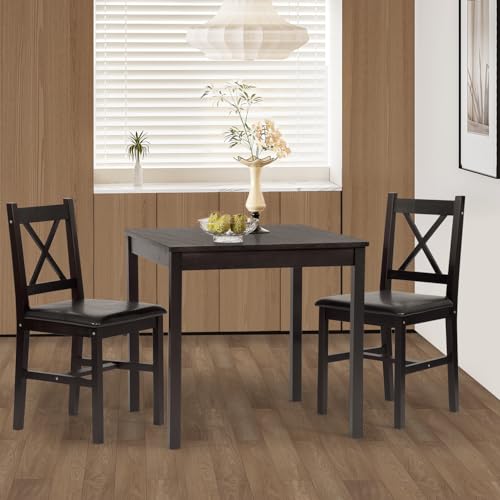 FDW | 3-Piece Solid Wood Dining Table | Dark Brown | Pine Kitchen Table with Upholstered Chairs | Space-Saving Design | Smooth Easy-to-Clean Surface | for Dining Room, Apartment, Restaurant FDW