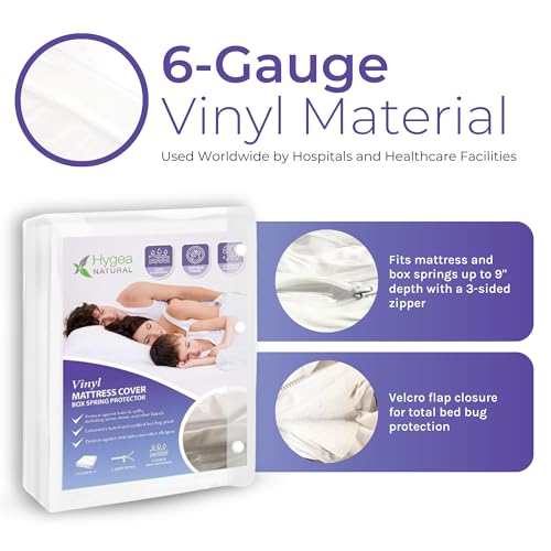 6 Gauge Vinyl Bed Bug Mattress/Box Spring Cover- Waterproof Encasement- Perfect for Bed wetting (Full) Hygea Natural