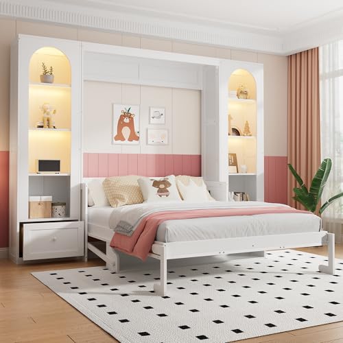 PVWIIK Queen Size Murphy Bed with Storage Drawers & Desk for Save Space & Small Space,Bedroom,Guest Room,Wall Bed Frame Folding into Cabinet Design w/LED & Storage Shelf,White PVWIIK