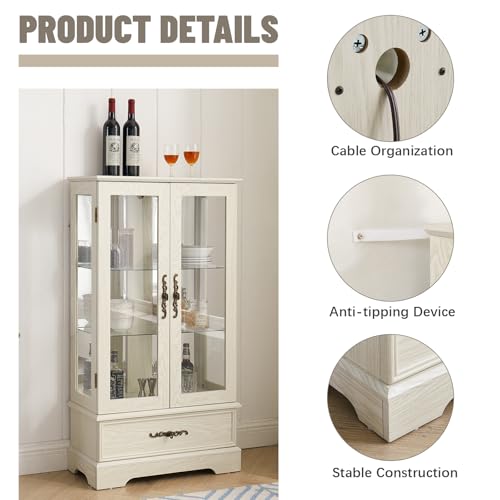 Curio Cabinet with Glass Doors Drawer, Lighted Display Cabinet with Adjustable Glass Shelves and Mirrored Back Panel, Retro Floor Standing Glass Storage Cabinet for Living Room, Antique White BAOMKONG