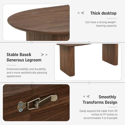 SIZOTA 59" to 91" Extendable Dining Table Set for 4-8, Oval Kitchen Table with MDF Faux Wood Tabletop and 8 Upholstered Solid Wooden Chairs, Space-Saving Kitchen & Dining Room Furniture (Walnut) SIZOTA