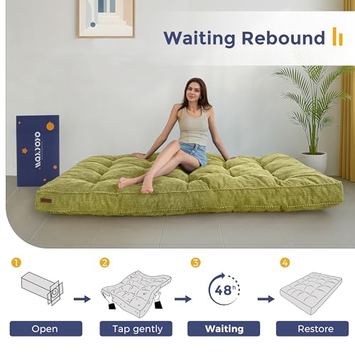 MAXYOYO 6" Futon Mattress Full Size, Tufted Futons Sofa Couch Bed with Twisted Rope Design Edging, Thick Corded Fabric Floor Mattress for Adults, Shredded Foam Filling (Frame Not Included), Green MAXYOYO