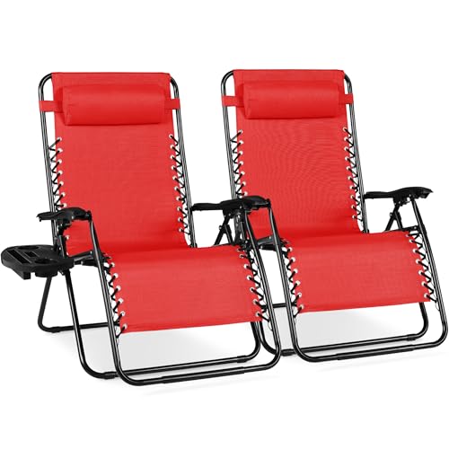Best Choice Products Set of 2 Extra Wide Adjustable Steel Mesh Zero Gravity Lounge Chair Recliners w/Pillows and Cup Holder Trays - Crimson Red