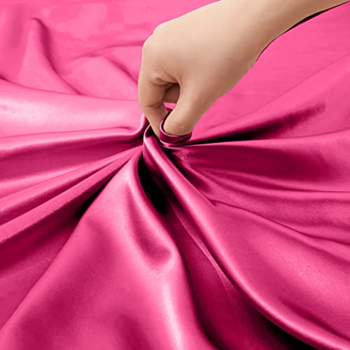 VACVELT 4pcs Hot Pink Satin Sheets Full Size Bed Set, 15 Inch Deep Pocket Silky Satin Sheet Set, Soft Satin Bedding Set Cooling & Luxury Bed Sheets, 1 Fitted Sheet + 1 Flat Sheet + 2 Pillowcases VACVELT