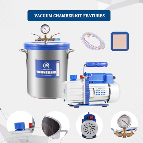9 Gallon Tempered Glass Vacuum Chamber with Two Rubber Seals, 33L Stainless Steel Degassing Chamber Kit with 5 CFM 1/3HP Single Stage Vacuum Pump Without Oil, Perfect for Stabilizing Wood P PBAUTOS