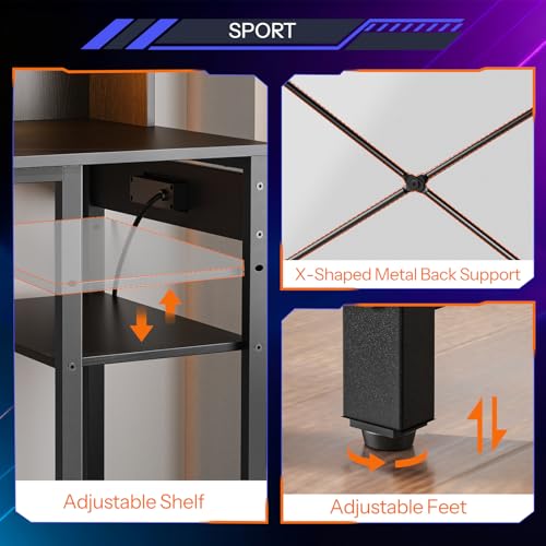 HOOBRO Computer Desk, Gaming Desk with LED and Outlets, Home Office Desk with Monitor Stand and Adjustable Shelf, Small Gaming Table with CPU Stand for Home Office, Small Space, Black BB100UDDN01 HOOBRO