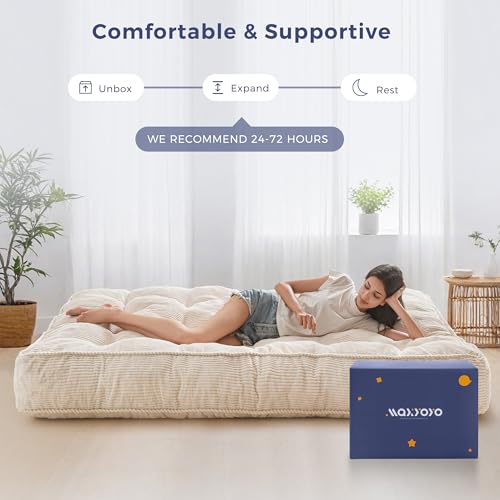 MAXYOYO 8" Futon Mattress Full Size, Ultra Thick Futons Sofa Couch Bed Tufted Sleeper Sofa Bed, Floor Mattress for Adults, Shredded Foam Filling (Frame Not Included), Beige MAXYOYO