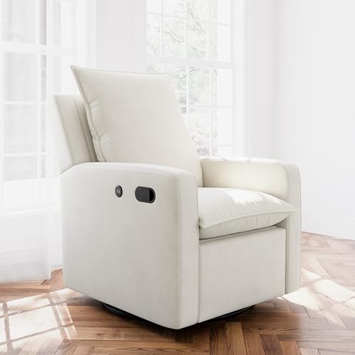Storkcraft Timeless Reclining Glider (Ivory) -USB Charging Port, 360-Degree Metal Swivel Base, Manual Extending Foot Rest, Supportive Cushions, Durable Fabric