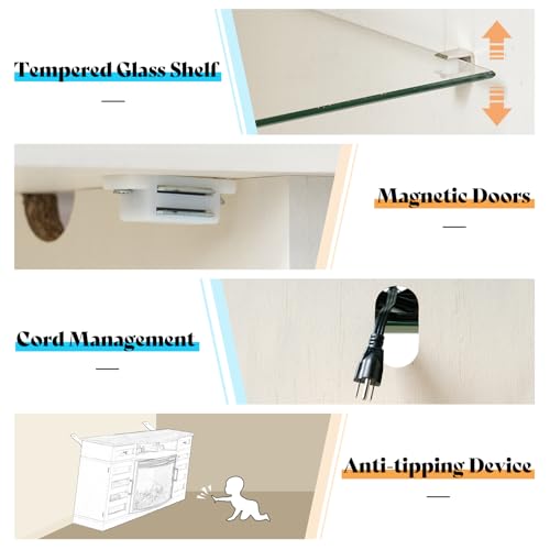 LUXOAK 70" Farmhouse Curved Fireplace TV Stand, LED Light Entertainment Center Table with 36'' Upgrade Electric Fireplace TV Console Cabinet for TVs Up to 80", Antique White Barnwood LUXOAK